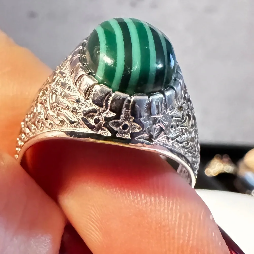 Vintage Style Faux Malachite Silver Tone Statement Ring Sz 7 Green Striped Oval